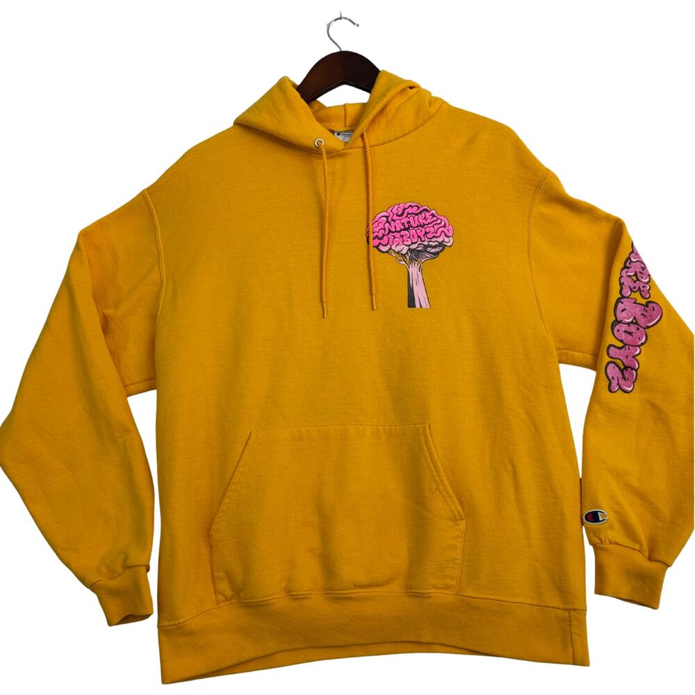 Champion Eco Hoodie Mens L Mustard Yellow Nature Is Awesome Graphic Pullover